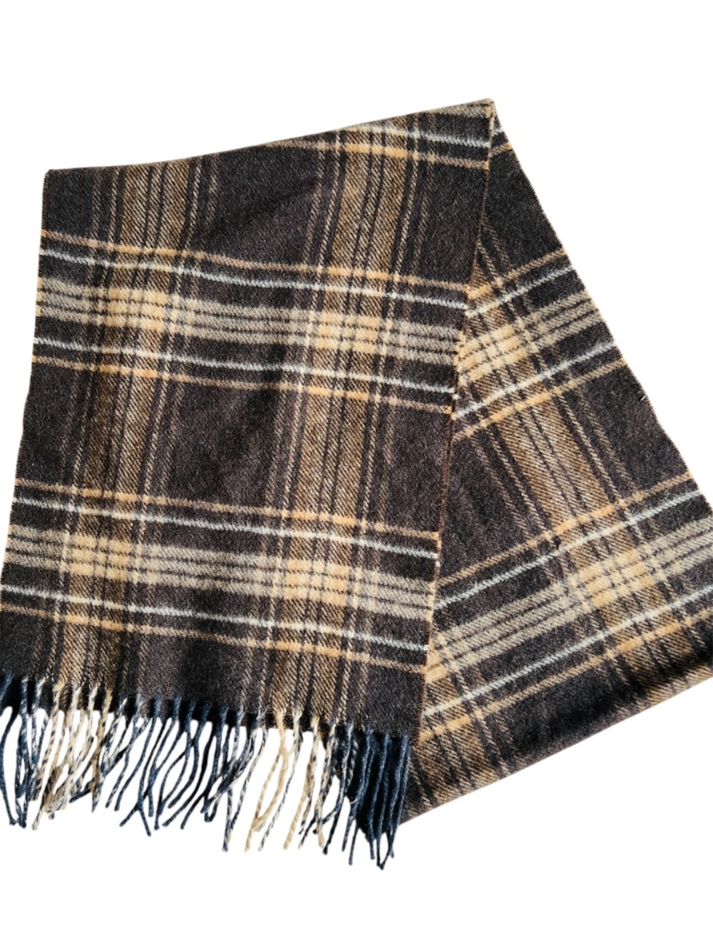 100% Cashmere Scarf Plaid Tartan Brown Cream Check Soft 11 1/2" x 69" Made Italy